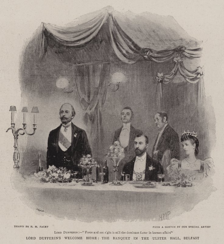 Il benvenuto a casa di Lord Dufferin, il banchetto nella Ulster Hall, Belfast da Henry Marriott Paget