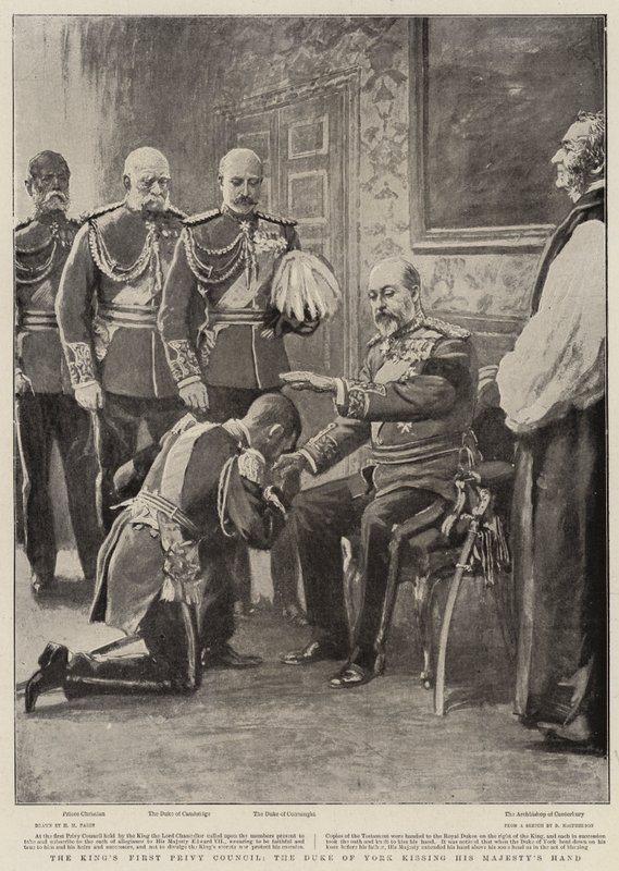 Il primo consiglio privato del re, il duca di York bacia la mano di Sua Maestà da Henry Marriott Paget