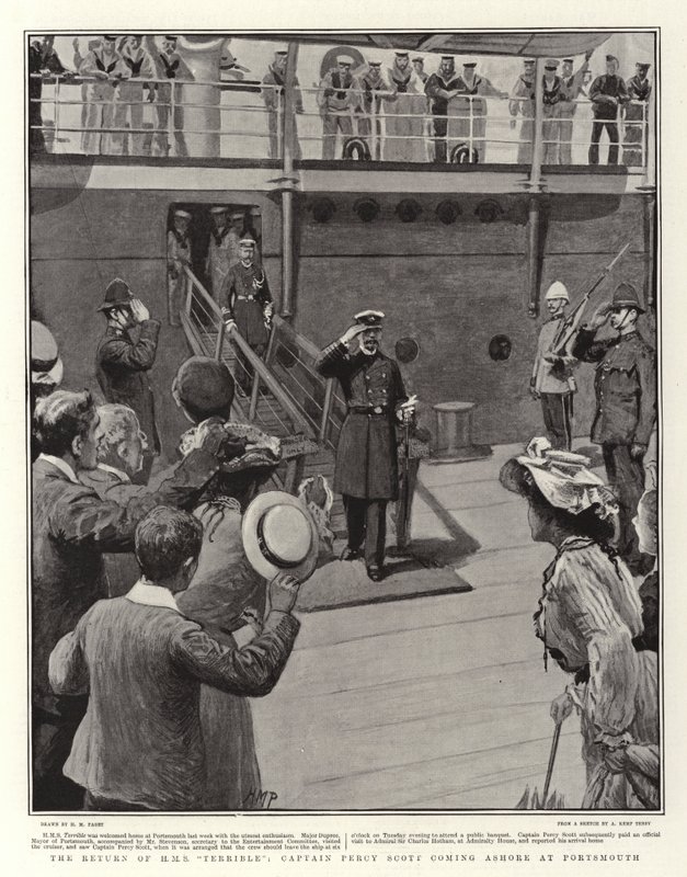 Il ritorno di H.M.S. Terrible, il capitano Percy Scott sbarca a Portsmouth da Henry Marriott Paget