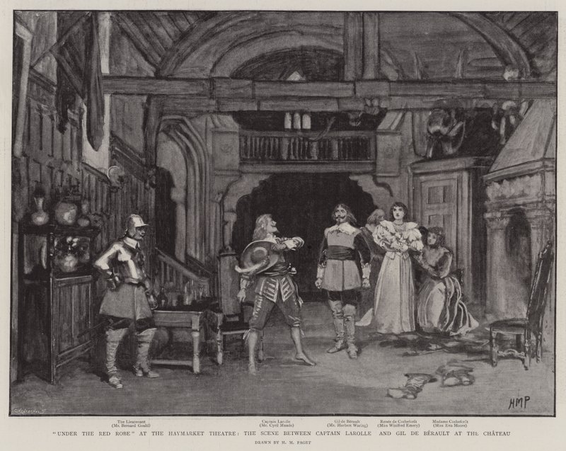 Sotto la veste rossa al Teatro Haymarket, la scena tra il capitano Larolle e Gil de Berault al castello da Henry Marriott Paget