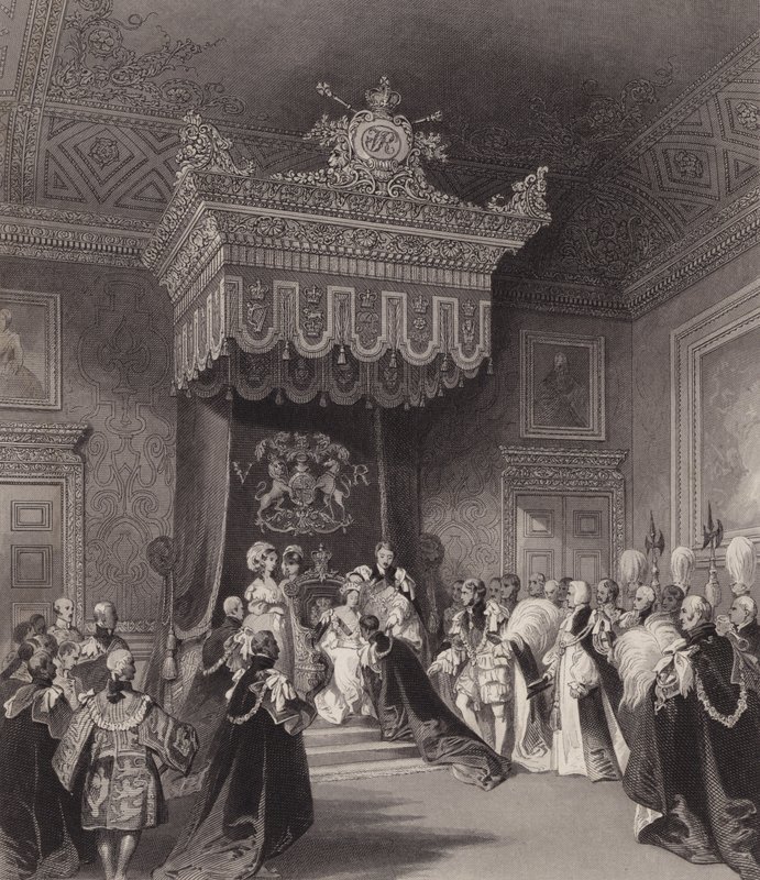 La regina Vittoria sul trono, Palazzo di St James, Londra da Henry Melville