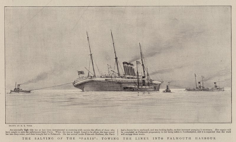 Il salvataggio di Parigi, rimorchiando il transatlantico nel porto di Falmouth da Henry Scott Tuke