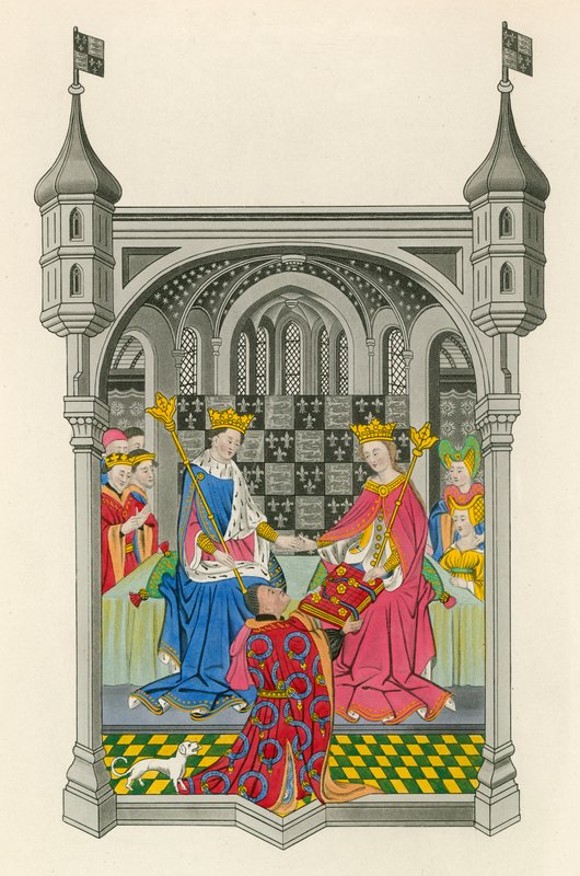 John Talbot, conte di Shrewsbury, che presenta il suo libro alla regina Margherita, illustrazione da 