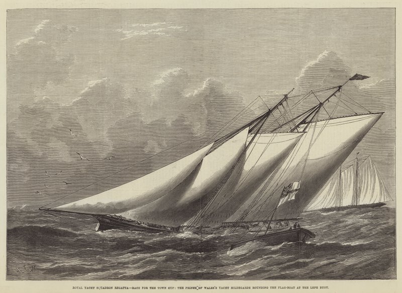 Regata dello Yacht Squadron Reale, gara per la Coppa della Città, lo yacht Hildegarde del Principe di Galles che gira la barca-bandiera alla boa di Lepe da Henry Spernon Tozer