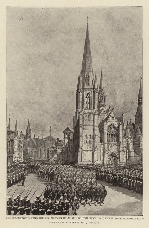La processione che passa davanti alla chiesa del reverendo Newman Hall (Christ Church) in Westminster Bridge Road da Henry William Brewer