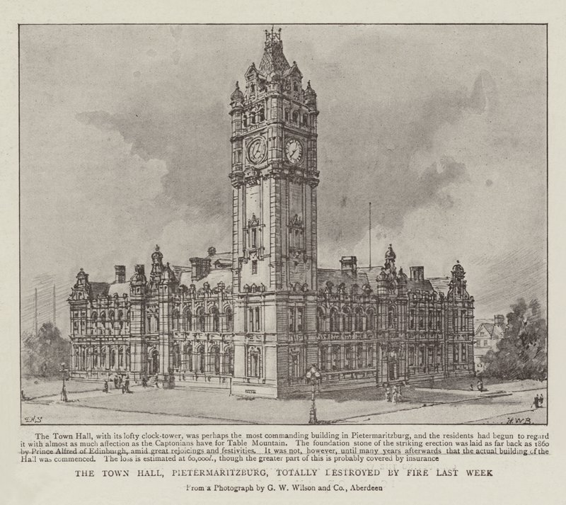 Il Municipio di Pietermaritzburg, completamente distrutto dal fuoco la scorsa settimana da Henry William Brewer