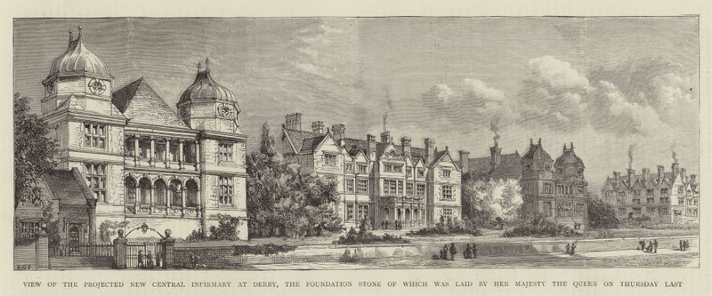 Vista del nuovo ospedale centrale progettato a Derby, la cui pietra angolare è stata posata da Sua Maestà la Regina giovedì scorso da Henry William Brewer