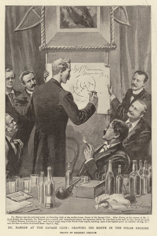 Il Dr. Nansen al Savage Club, disegnando il suo percorso nelle regioni polari da Herbert Johnson