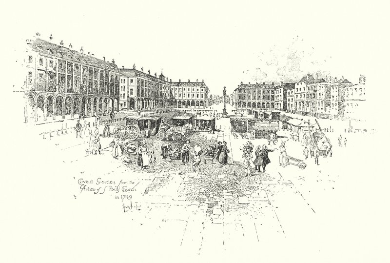 Covent Garden dal portico della chiesa di San Paolo, Londra, nel 1749 da Herbert (after) Railton