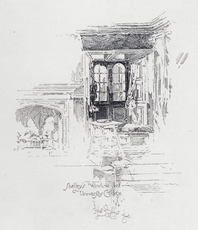 Il sedile alla finestra del poeta inglese Percy Bysshe Shelley al University College, Oxford da Herbert (after) Railton