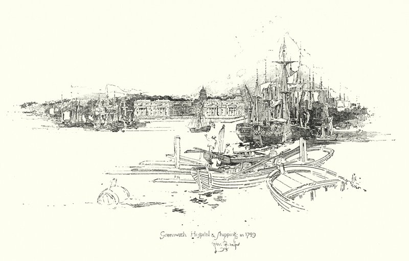 Ospedale di Greenwich e navi, nel 1749 da Herbert (after) Railton