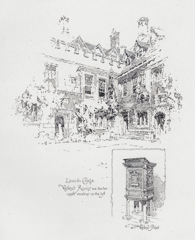 Pulpito usato dal predicatore metodista inglese John Wesley e le sue stanze al Lincoln College, Oxford (litografia) da Herbert (after) Railton