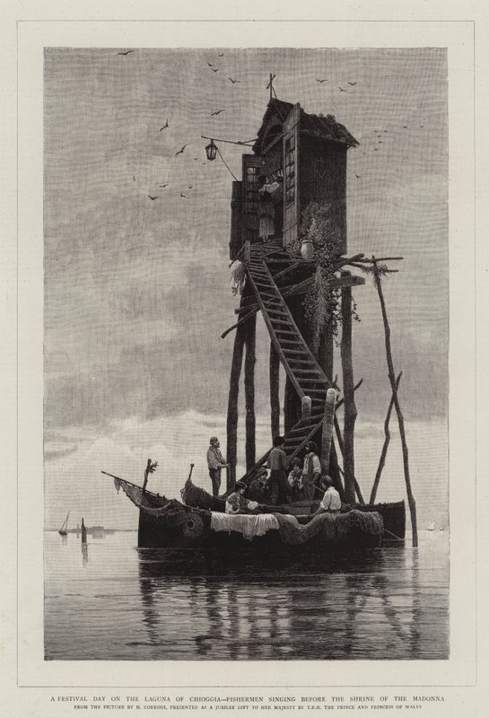 Un Giorno di Festa sulla Laguna di Chioggia, Pescatori che Cantano davanti al Santuario della Madonna da Hermann David Salomon Corrodi