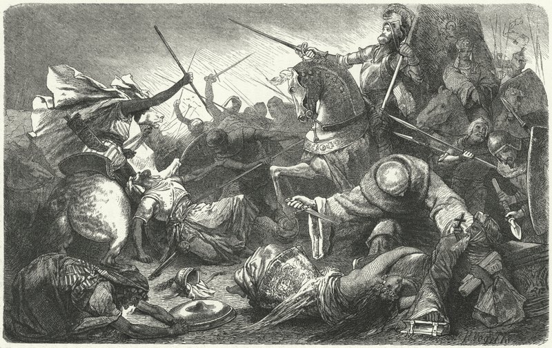 Cristiani che combattono gli Almohadi alla battaglia di Las Navas de Tolosa, Spagna, 1212 da Hermann Vogel
