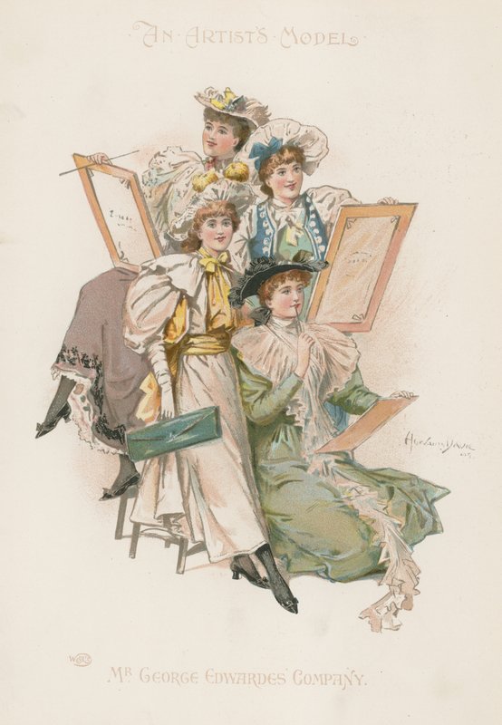Gruppo di quattro donne ben vestite con tavole da disegno in mano (litografia a colori) da Howard Davie