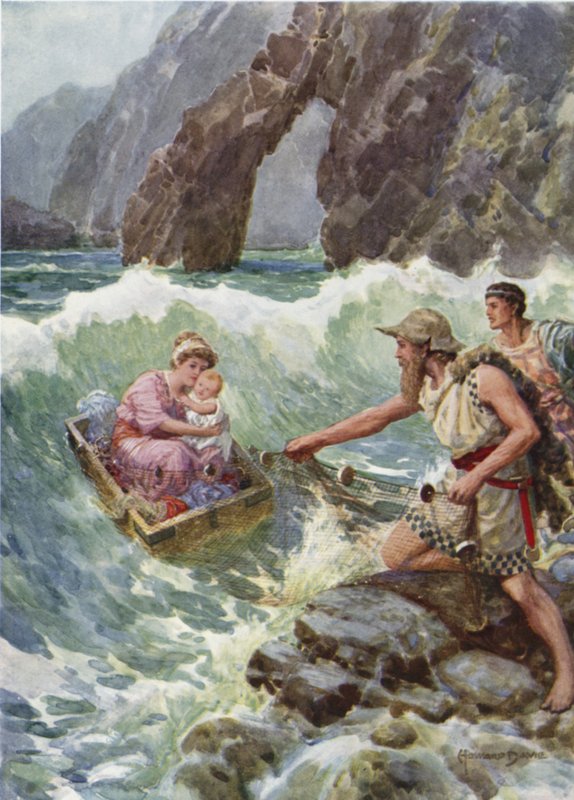 La trasse e il bambino al sicuro su una sporgenza di roccia. Da Come Perseo e sua madre arrivarono a Serifo da Howard Davie