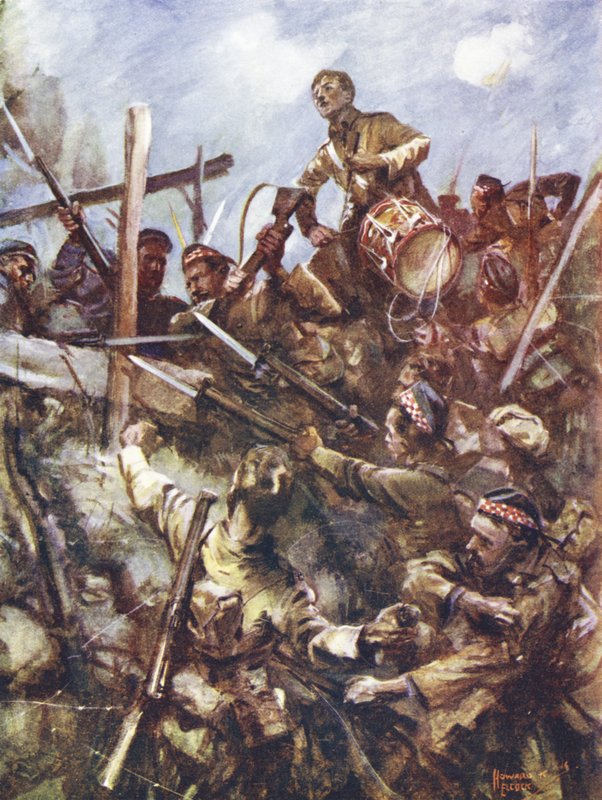 Il tamburino Walter Ritchie in piedi sul parapetto nemico per suonare la carica, sotto pesante fuoco di mitragliatrici e attacchi con bombe, Beaumont Hamel, Francia, 1 luglio 1916 da Howard K. Elcock