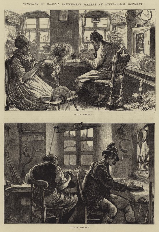 Schizzi di costruttori di strumenti musicali a Mittenwald, Germania da Hubert von Herkomer