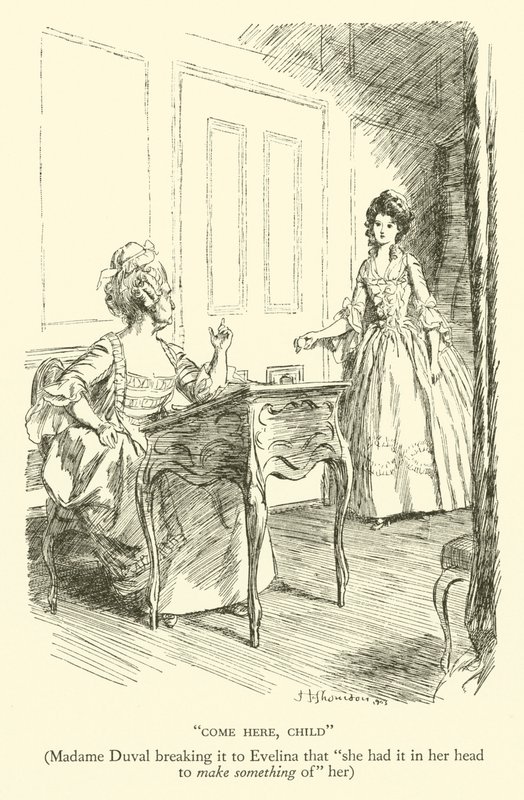 Vieni qui, Bambina, Madame Duval lo dice a Evelina che "aveva in mente di fare qualcosa di" lei (incisione) da Hugh Thomson