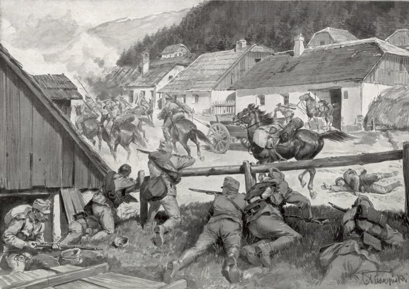 I cosacchi saccheggiatori sono sorpresi dalle truppe ungheresi in un villaggio ungherese da Hungarian School