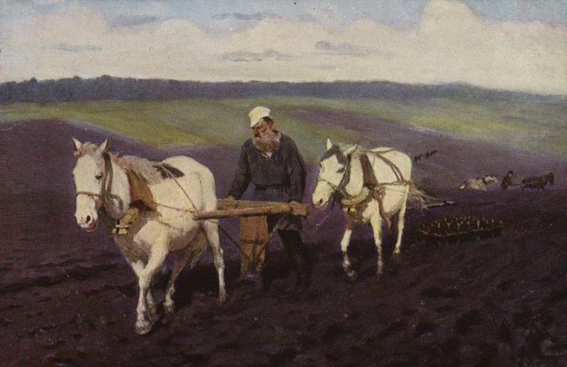 Lo scrittore russo Lev Tolstoj che ara nei campi, c.1887 da Ilya Efimovich Repin