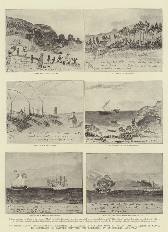 Autobiografia di uno Schiavo Indiano, Facsimili di una Serie di Schizzi realizzati da "Billy King", uno Schiavo Liberato, per illustrare la sua Cattura, Prigionia e Liberazione da parte di una Nave da Guerra Inglese da Indian School