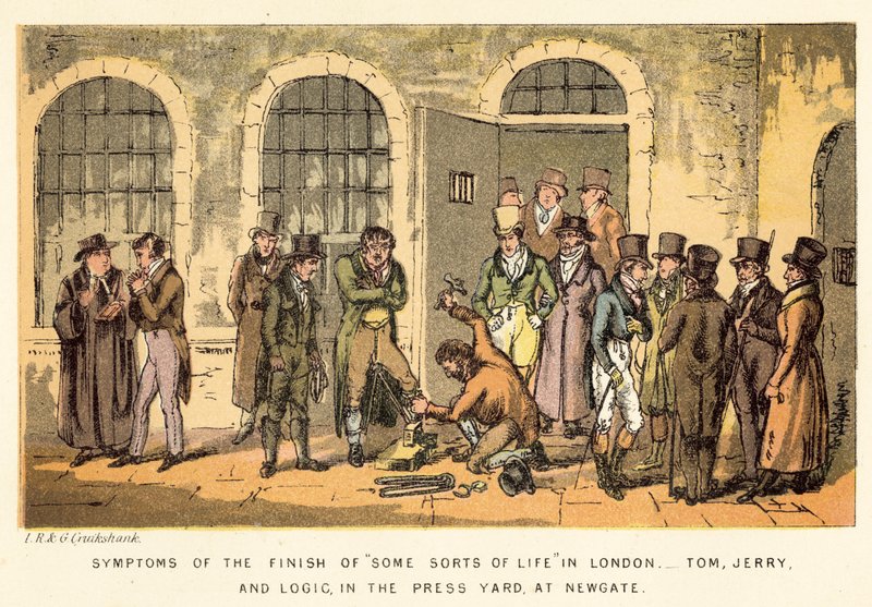 Sintomi della fine di alcuni tipi di vita a Londra, Tom, Jerry e Logic, nel cortile della stampa, a Newgate da Isaac, Robert and George Cruikshank
