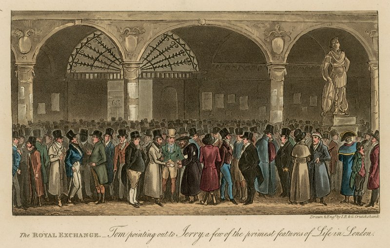 La Borsa: Tom che indica a Jerry alcune delle caratteristiche principali della vita a Londra da Isaac, Robert and George Cruikshank