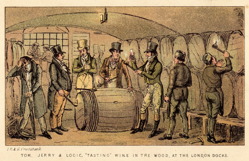 Tom, Jerry e Logic, degustando vino in botte, ai London Docks da Isaac, Robert and George Cruikshank