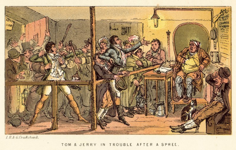 Tom e Jerry nei guai dopo una baldoria da Isaac, Robert and George Cruikshank