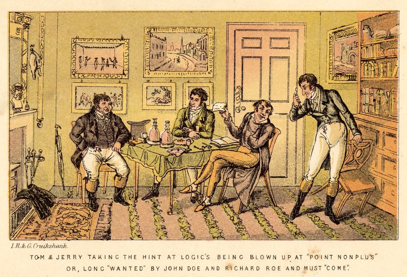 Tom e Jerry che prendono il suggerimento di Logic che viene scoppiato a Point Nonplus o, a lungo cercato da John? da Isaac, Robert and George Cruikshank
