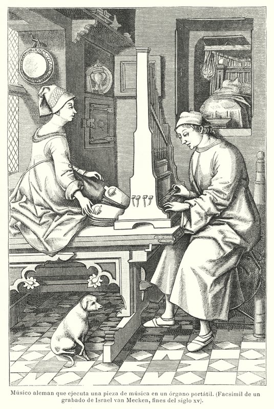 Musicista tedesco che suona un organo portatile, fine XV secolo da Israel van (after) Mecken
