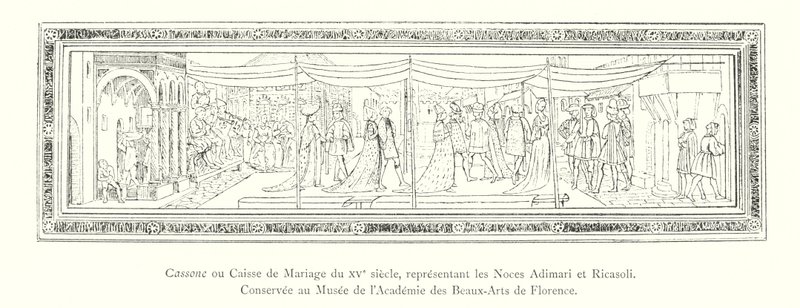 Cassone o Cassa di Matrimonio del XV secolo, rappresentante le Nozze Adimari e Ricasoli, Conservata al Museo dell