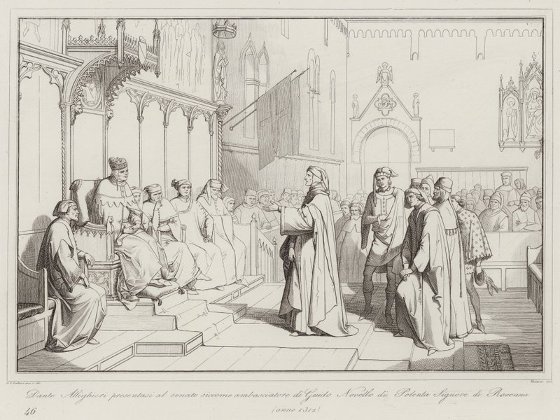 Dante Alighieri si presenta al senato come ambasciatore di Guido Novello da Polenta Signore di Ravenna da Italian School
