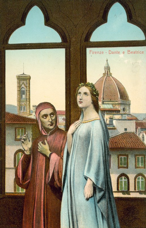 Firenze, Dante e Beatrice (litografia a colori) da Italian School