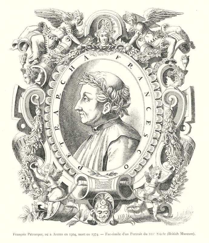 Francesco Petrarca, nato ad Arezzo nel 1304, morto nel 1374, Fac-simile di un ritratto del XVI secolo, British Museum (incisione) da Italian School