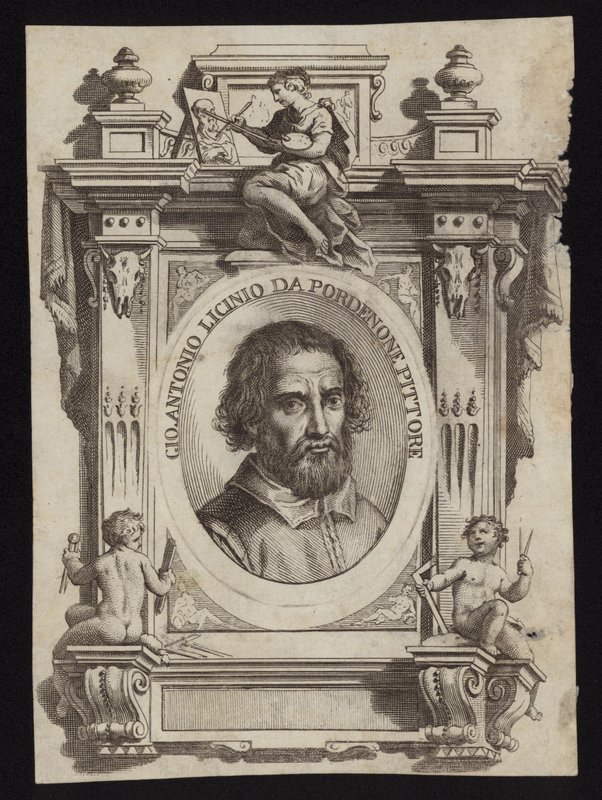 Giovanni Antonio de Sacchis, noto anche come Il Pordenone e Giovanni Antonio Licinio. Incisione di Giorgio Vasari da Italian School