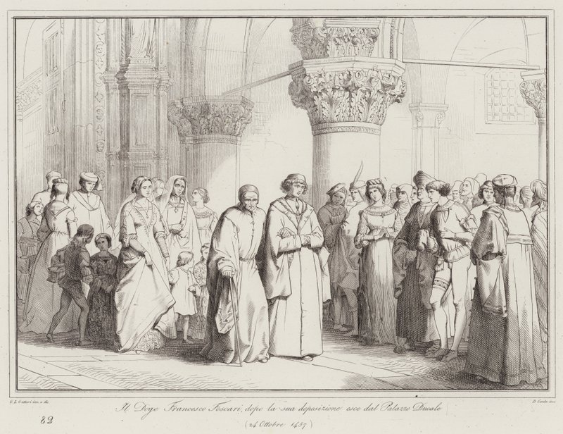 Il Doge Francesco Foscari, dopo la sua deposizione esce dal Palazzo Ducale da Italian School