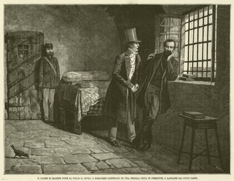 Il padre di Mazzini pone al figlio il bivio, o rimanere confinato in una piccola città di Piemonte, o lasciare gli Stati Sardi (incisione) da Italian School