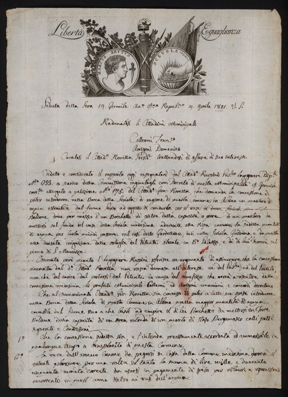 Lettera in italiano, con una raffigurazione della testa di Bruto il giovane, una mano ardente che rappresenta Gaio Muzio Scevola e il motto della Rivoluzione Francese da Italian School