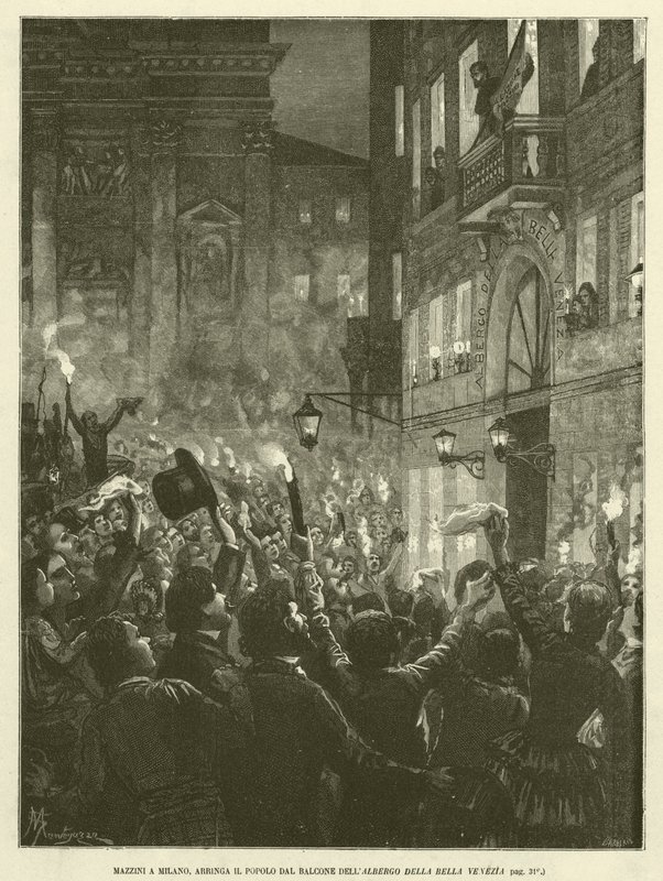 Mazzini a Milano, arringa il popolo dal balcone dell