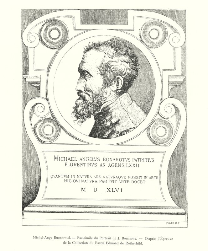 Michelangelo Buonarroti, fac-simile del ritratto di J Bonasone, dall