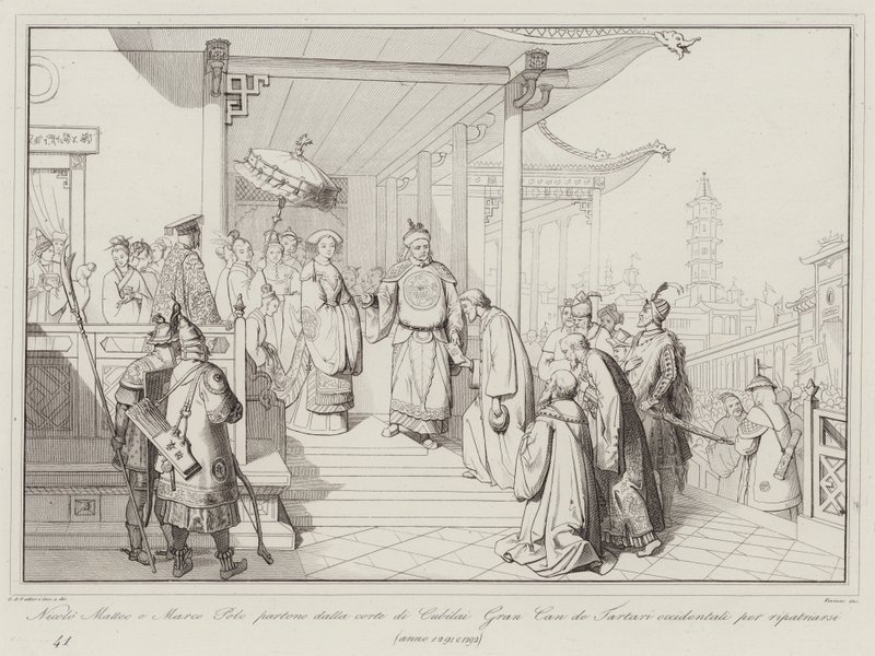 Nicolo Matteo e Marco Polo partono dalla corte di Cubilai Gran Can de Tartari occidentali per ripatriarsi da Italian School