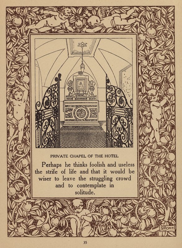 Pagina della brochure del San Domenico Palace Hotel, Taormina (litografia) da Italian School