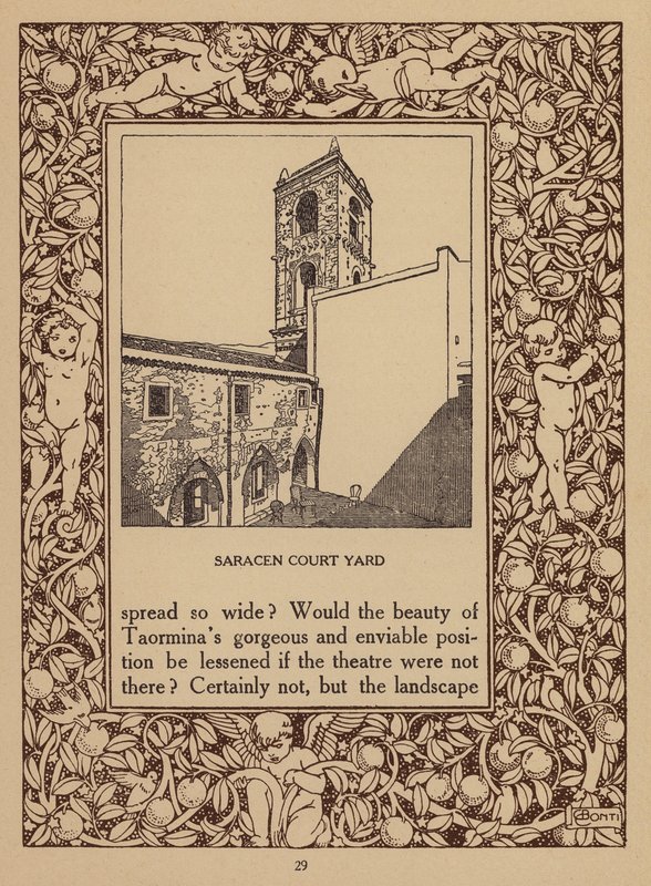 Pagina della brochure del San Domenico Palace Hotel, Taormina (litografia) da Italian School