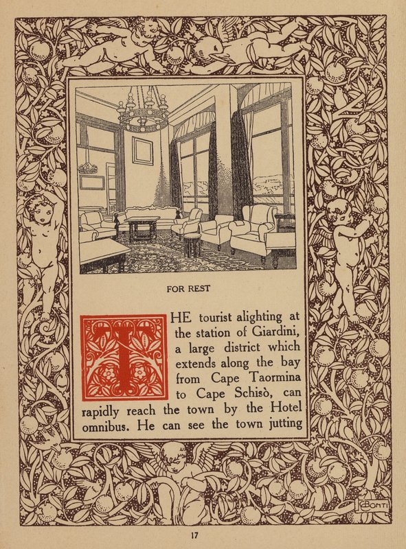 Pagina della brochure del San Domenico Palace Hotel, Taormina (litografia) da Italian School