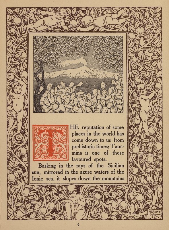 Pagina della brochure del San Domenico Palace Hotel, Taormina (litografia) da Italian School
