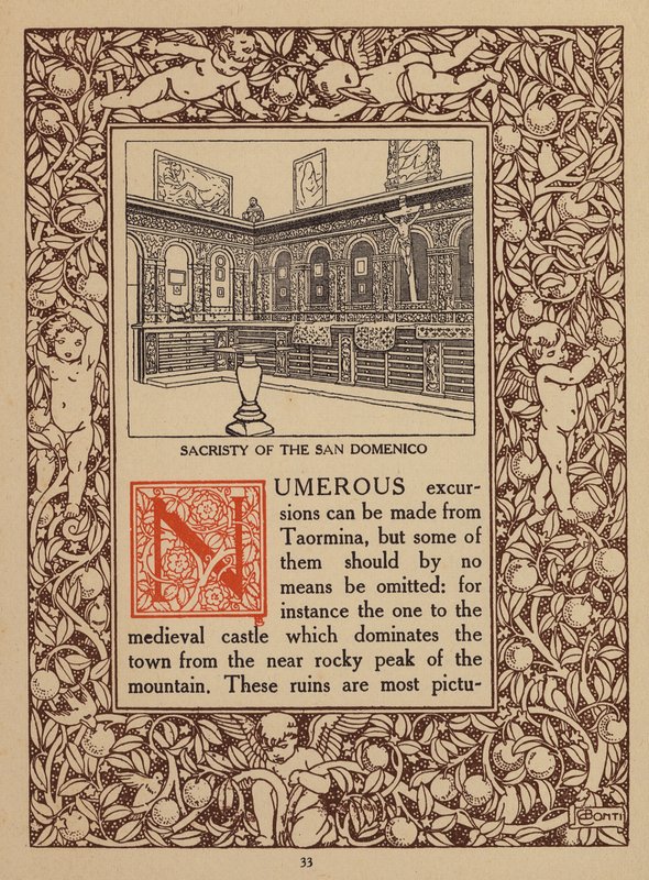 Pagina della brochure del San Domenico Palace Hotel, Taormina (litografia) da Italian School