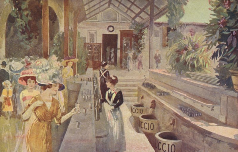 Cartolina raffigurante Donne al bar del Tettuccio, Bagni di Montecatini (litografia a colori) da Italian School