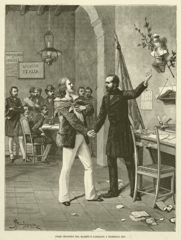 Primo incontro tra Mazzini e Garibaldi a Marsiglia 1833 (incisione) da Italian School